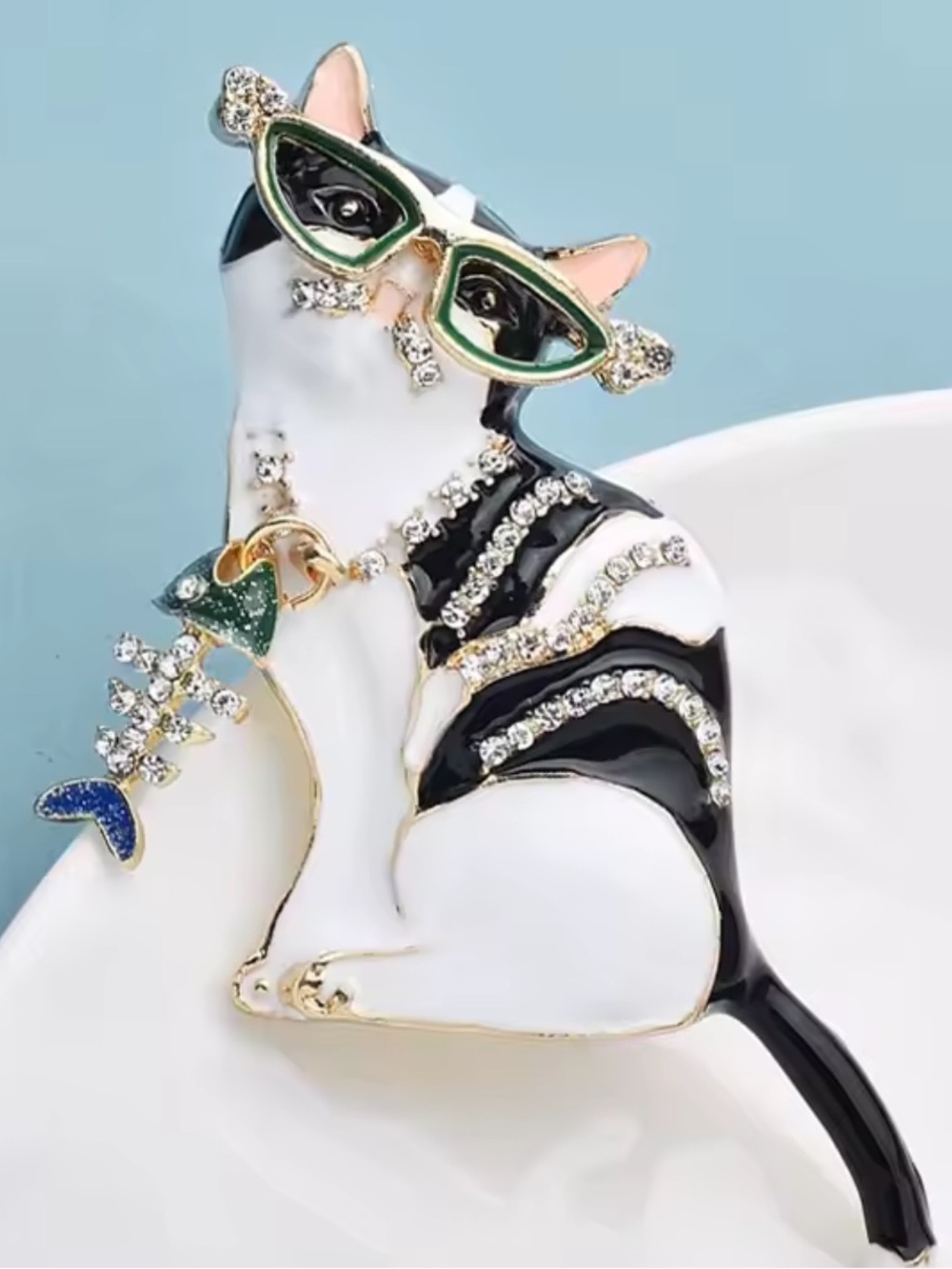 Anthropologie Black White Cat Brooch with Green Glasses and Gold Accents